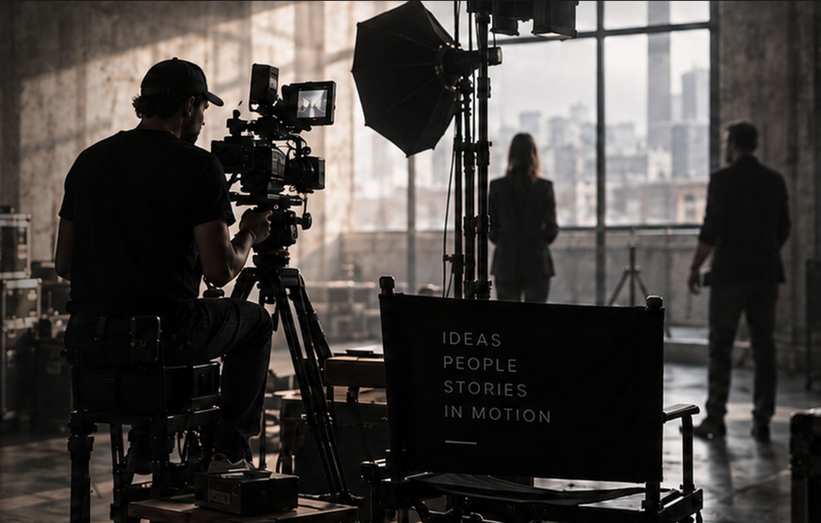 A camera operator filming in a sunlit industrial studio while two people look out over the city.