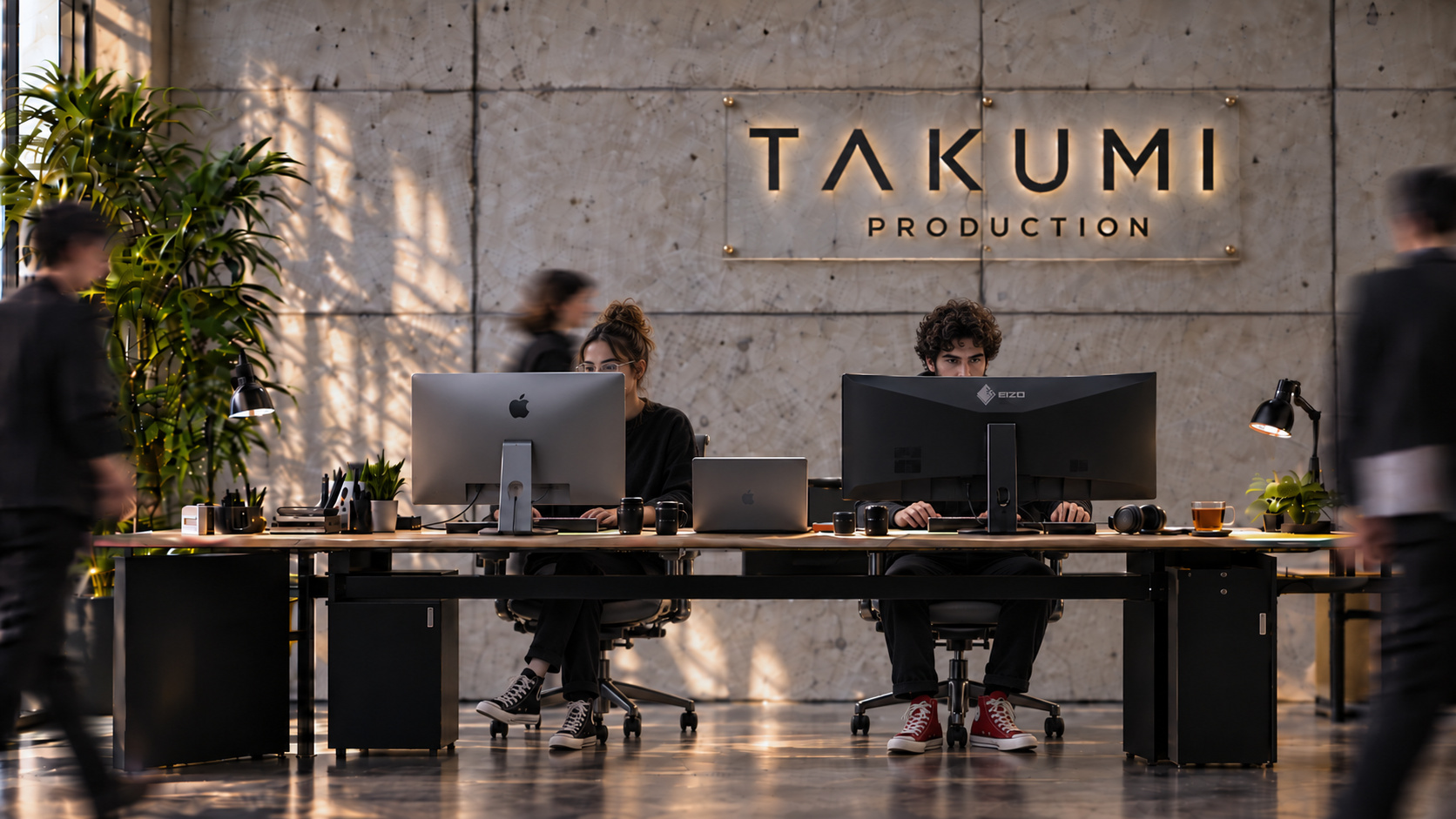 The TAKUMI Production studio: a concrete wall with the TAKUMI logo above a row of desks.